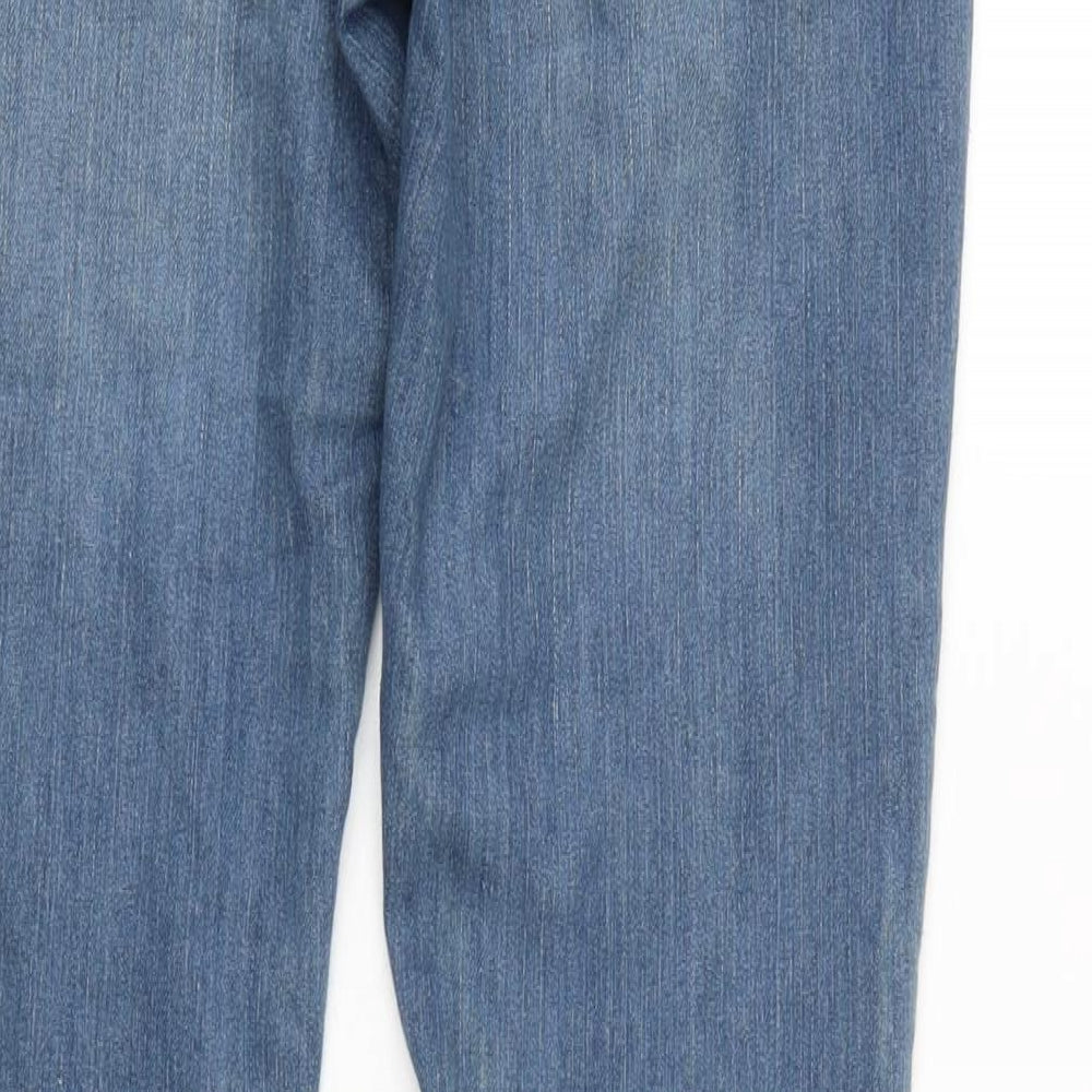 Brand and care label for Denim & Co. women’s blue cotton blend skinny jeans, size UK 10, 28.5-inch leg regular zip