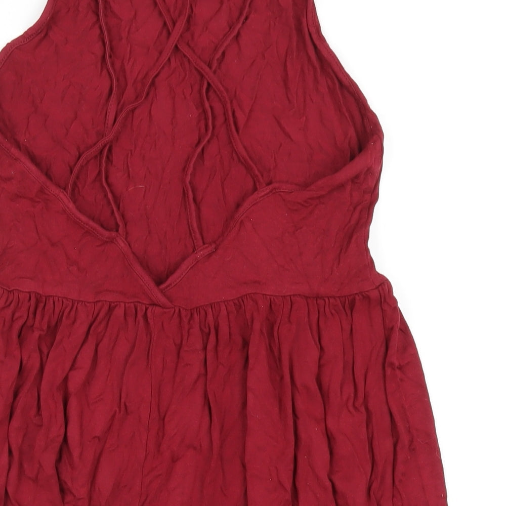 Brand and care label for ASOS women’s red viscose a-line, size UK 8, square neck pullover