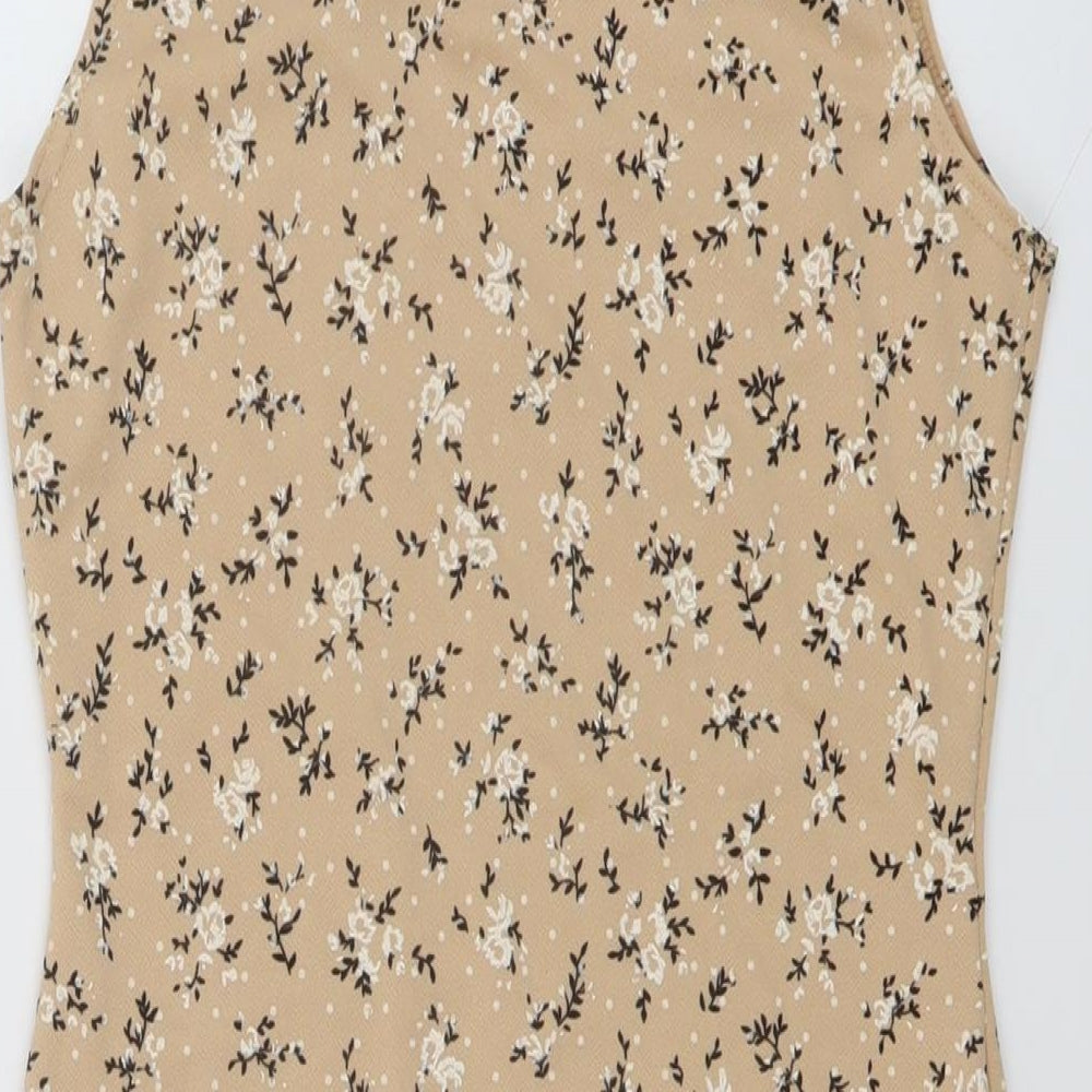 Brand and care label for I SAW IT FIRST women’s beige geometric polyester mini, size UK 12, scoop neck pullover