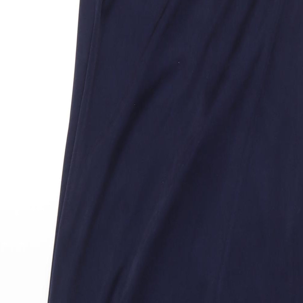 Brand and care label for BCBGMAXAZRIA women’s blue polyester maxi size 2xs one shoulder tie - stud detail