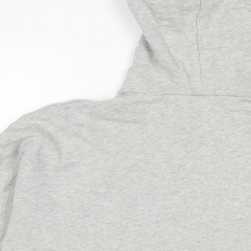 Brand and care label for ASOS men’s grey cotton pullover hoodie, size L
