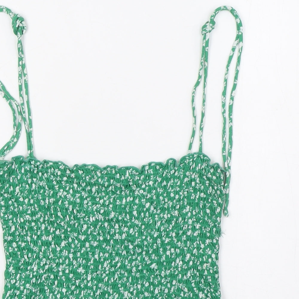 Stradivarius Womens Green Floral Cotton Basic Tank Size S Square Neck - Smocked Top