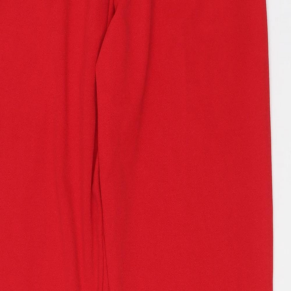 Brand and care label for I SAW IT FIRST women’s red polyester trousers, size UK 8, 30-inch leg regular