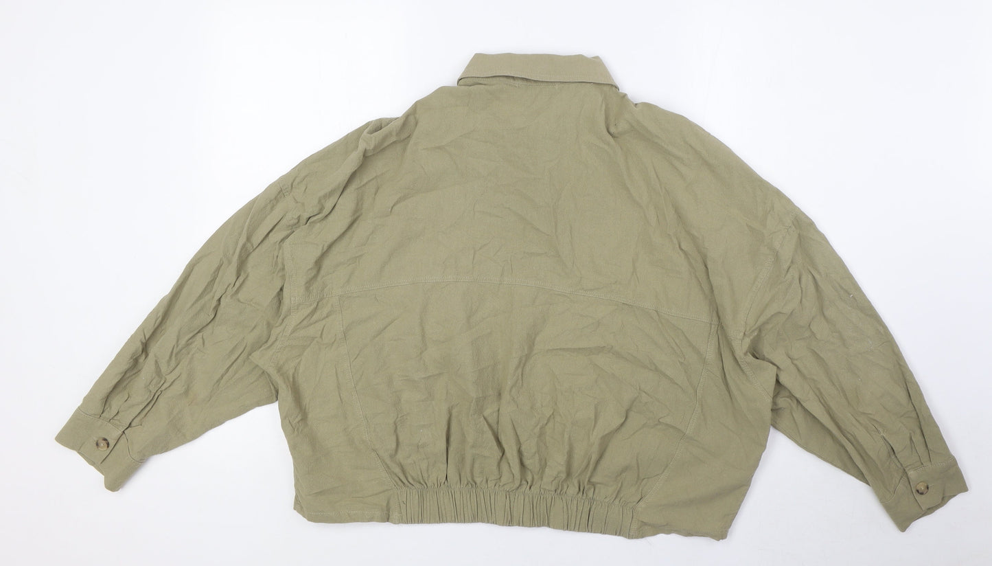 Pull&Bear Womens Green Herringbone Polyester Basic Button-Up Size M Collared - Breast Pockets