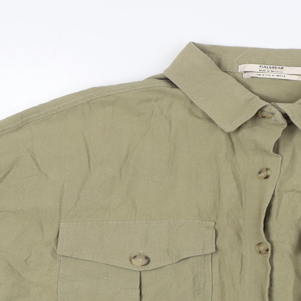 Pull&Bear Womens Green Herringbone Polyester Basic Button-Up Size M Collared - Breast Pockets