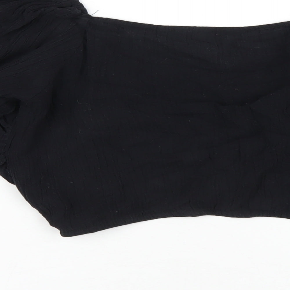 Brand and care label for ASOS women’s black cotton cropped t-shirt, size UK 2, v-neck