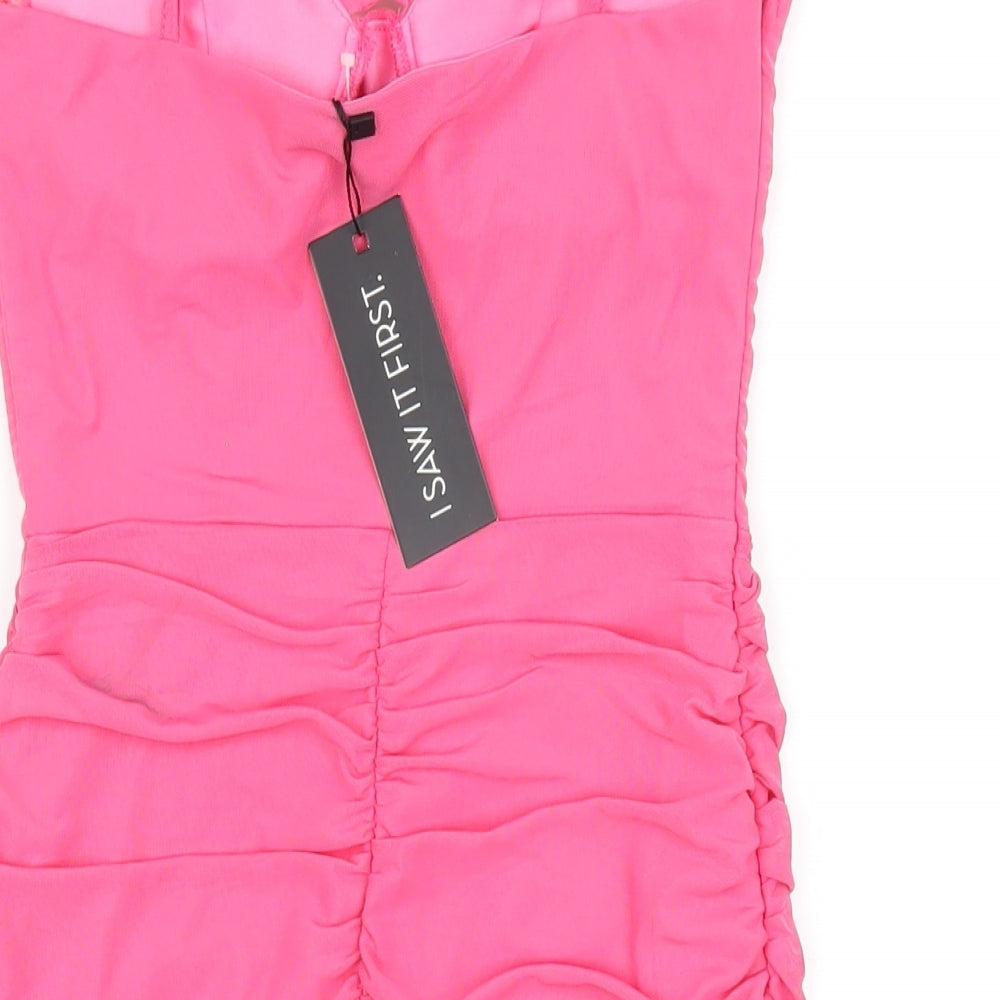 Brand and care label for I SAW IT FIRST women’s pink polyester bodycon, size UK 8, sweetheart zip