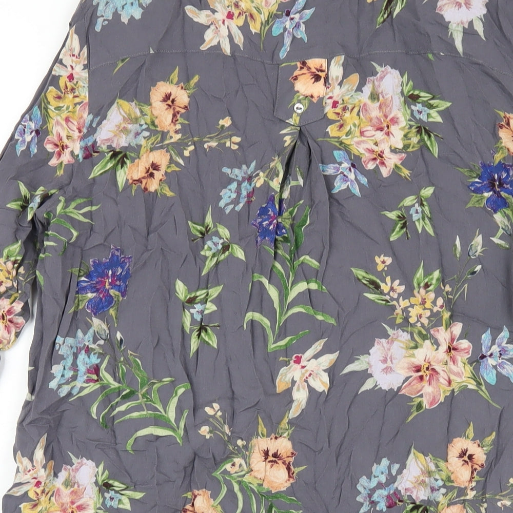 Brand and care label for ESPRIT women’s grey floral viscose shirt dress, size UK 10, collared button