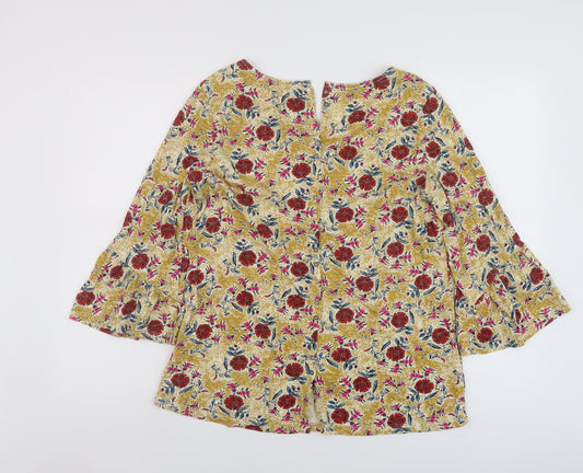 Fate Face Womens Yellow Floral Cotton Basic Blouse Size 12 Round Neck