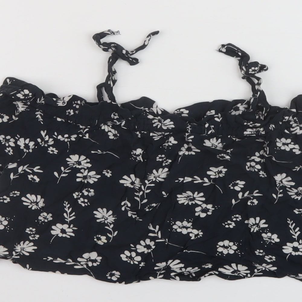 Brand and care label for Next girls’ black floral viscose basic blouse, size 6, years square neck pullover