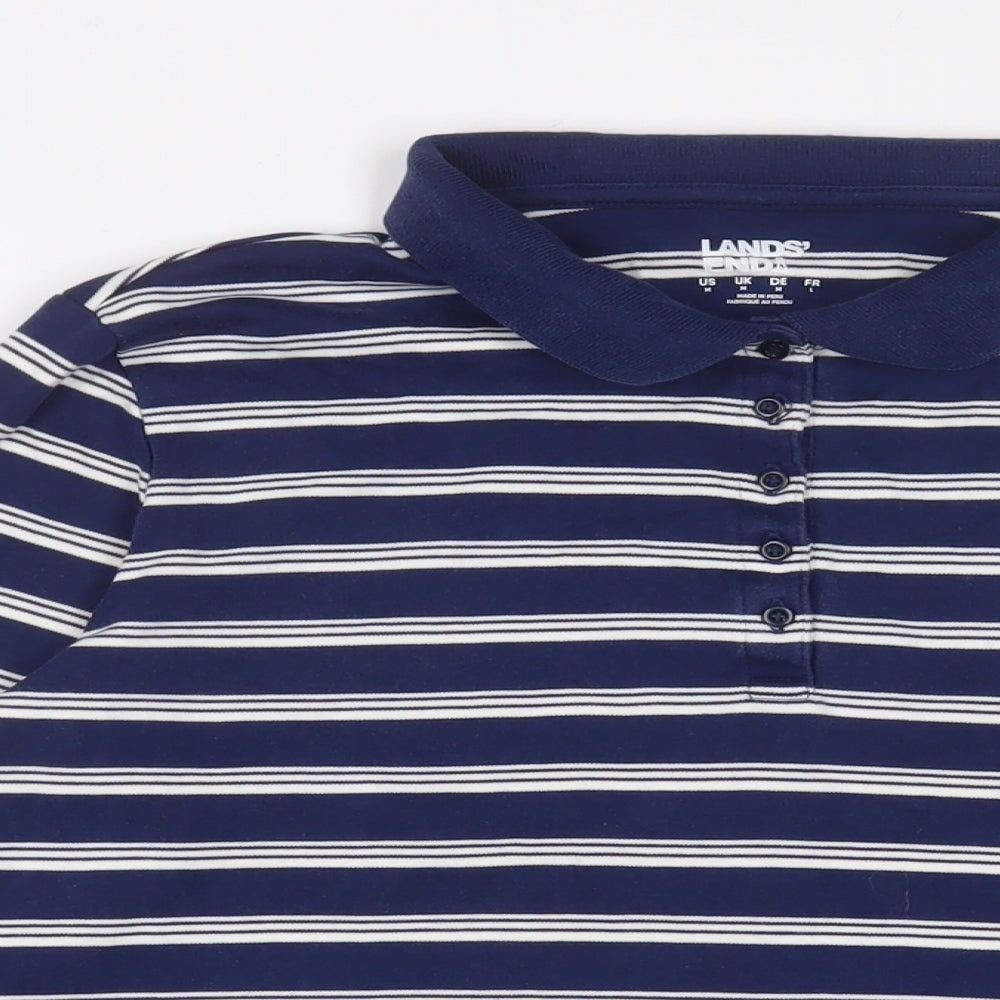 Landsend Womens Blue Striped Viscose Basic Polo Size M Collared