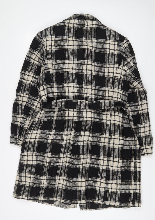 EWM Womens Black Plaid Overcoat Coat Size 16 Button - Belted