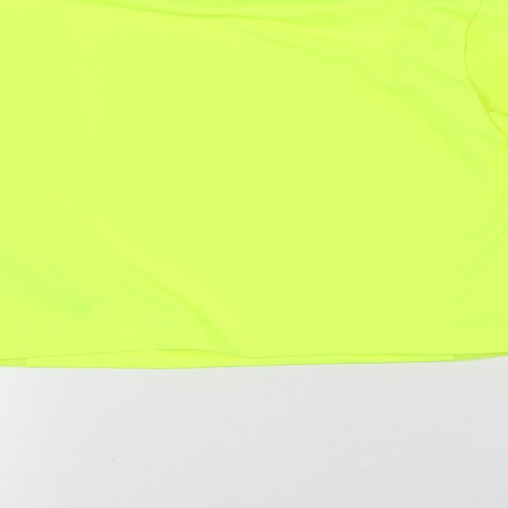 Brand and care label for ASOS women’s yellow polyester basic t-shirt, size UK 8, round neck - fluorescent