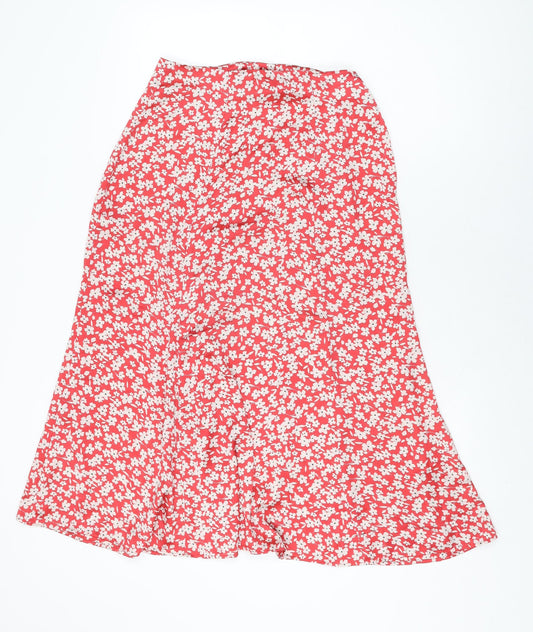Zara Womens Red Floral Polyester Flare Skirt Size S Button