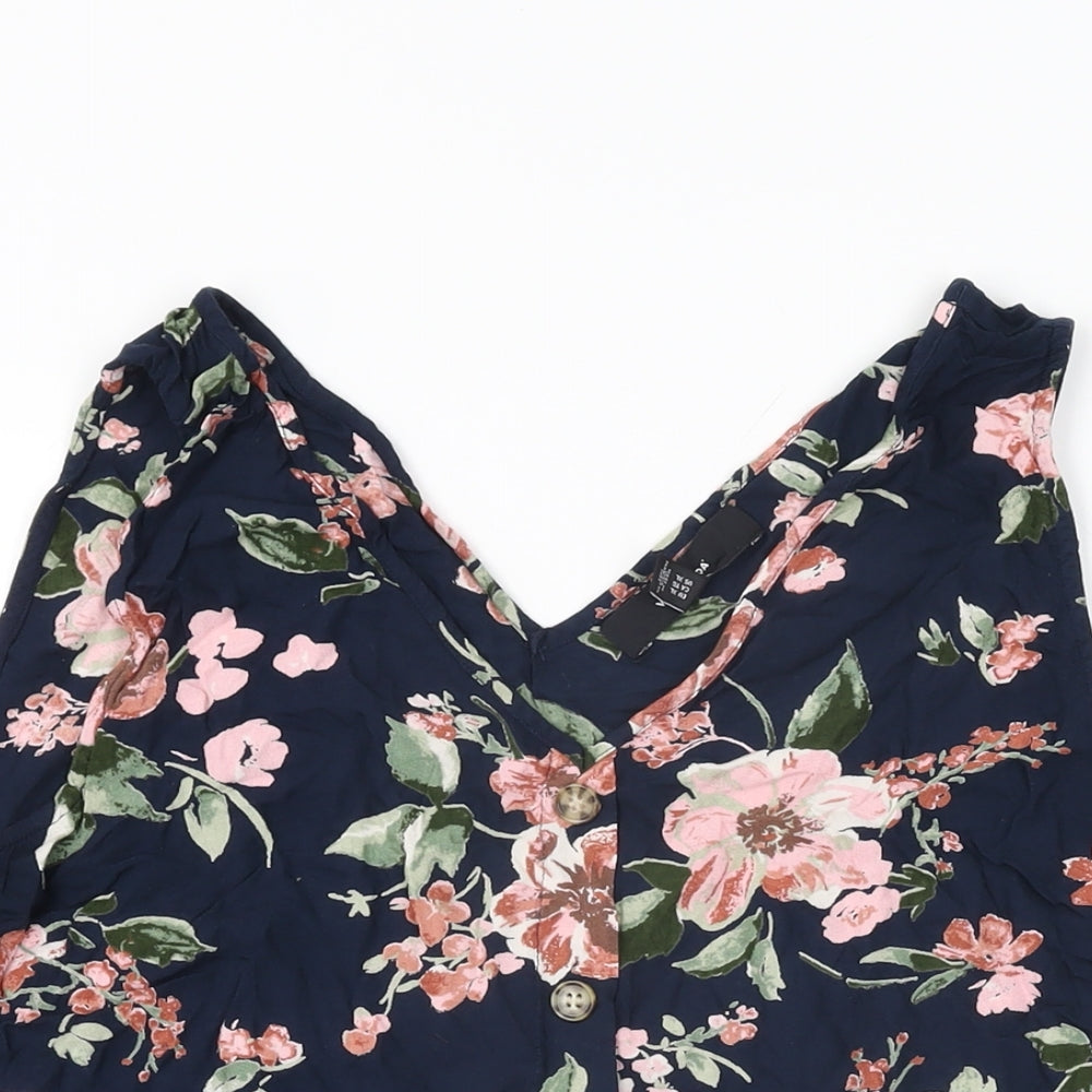 VERO MODA Womens Blue Floral Polyester Basic T-Shirt Size XL V-Neck