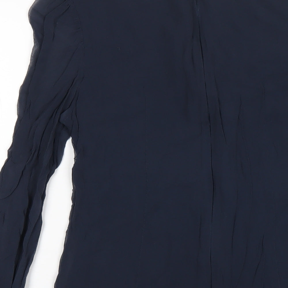 Brand and care label for French Connection women’s blue silk a-line, size S, round neck zip