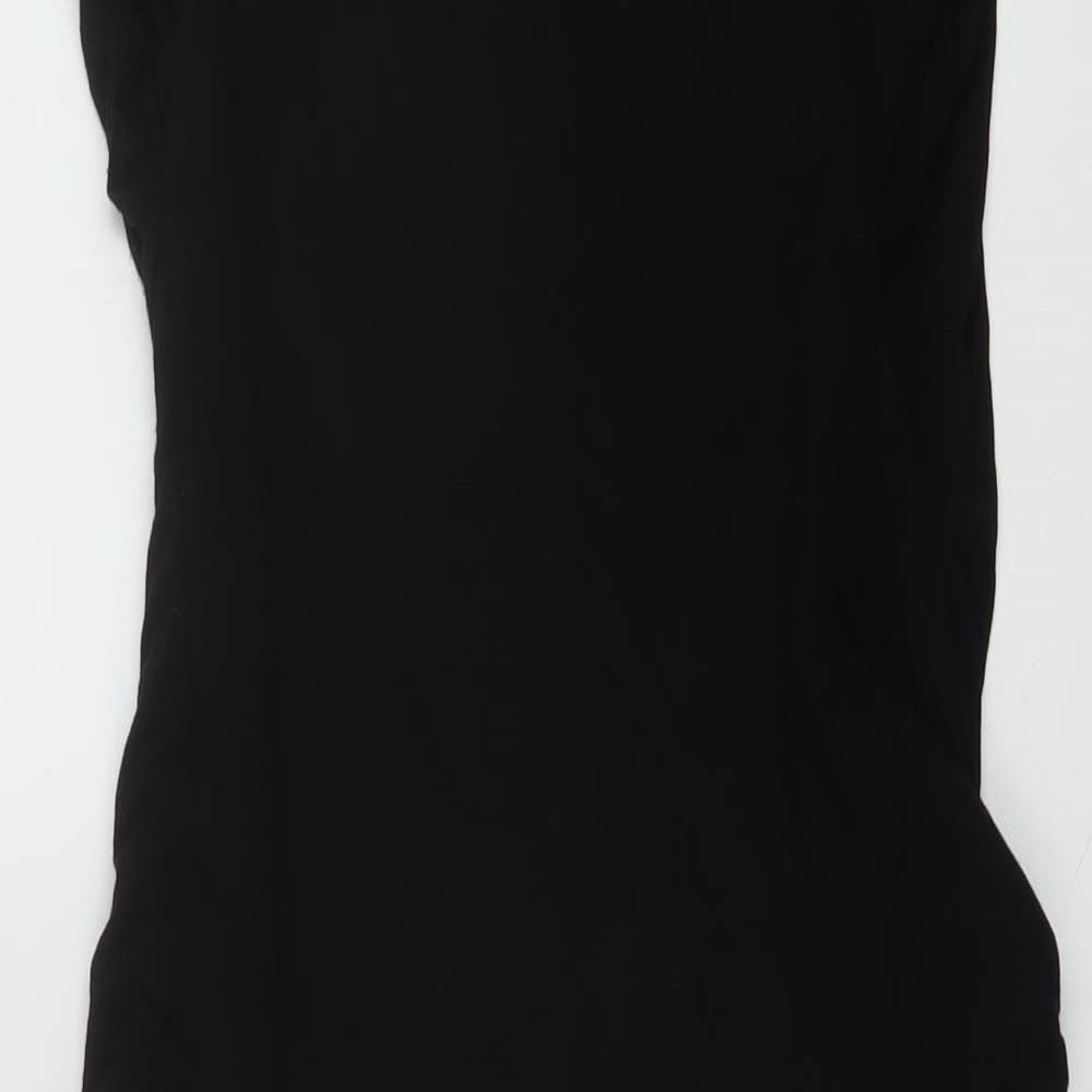 Brand and care label for ASOS women’s black viscose a-line, size UK 12, round neck pullover