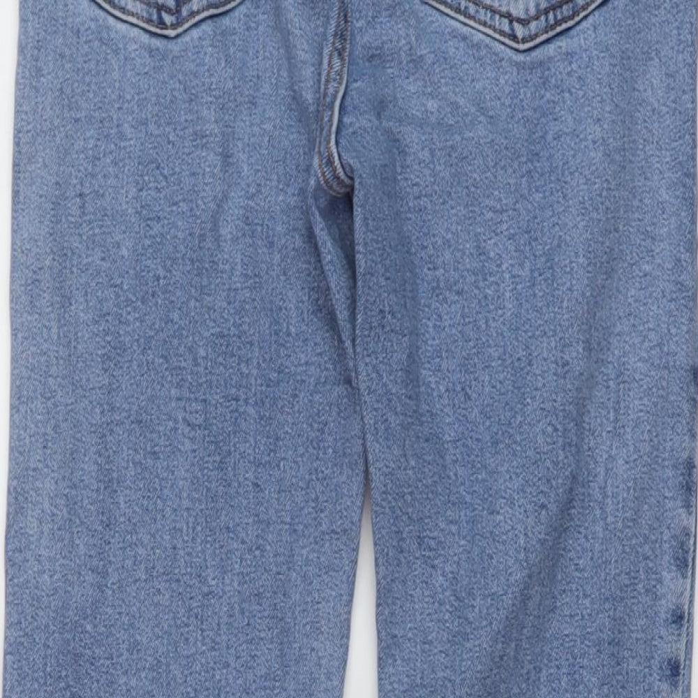 Brand and care label for Denim & Co. women’s blue cotton mom jeans, size UK 8, 25-inch leg regular button
