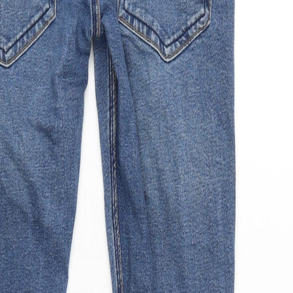 Brand and care label for French Connection men’s blue cotton blend skinny jeans, size 30, in, 32-inch leg extra-slim zip