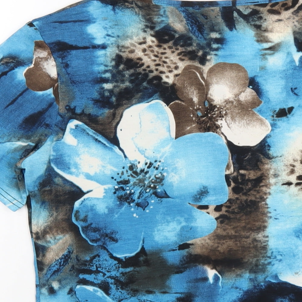 Brand and care label for Tru Collection women’s blue floral polyester basic t-shirt, size UK 14, round neck