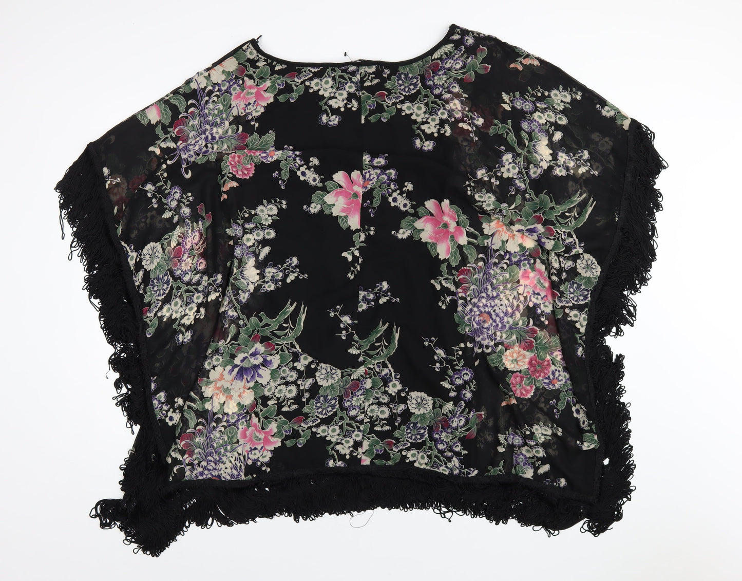 Jane Norman Womens Black Floral Polyester Basic Blouse Size 8 Round Neck - Tassle
