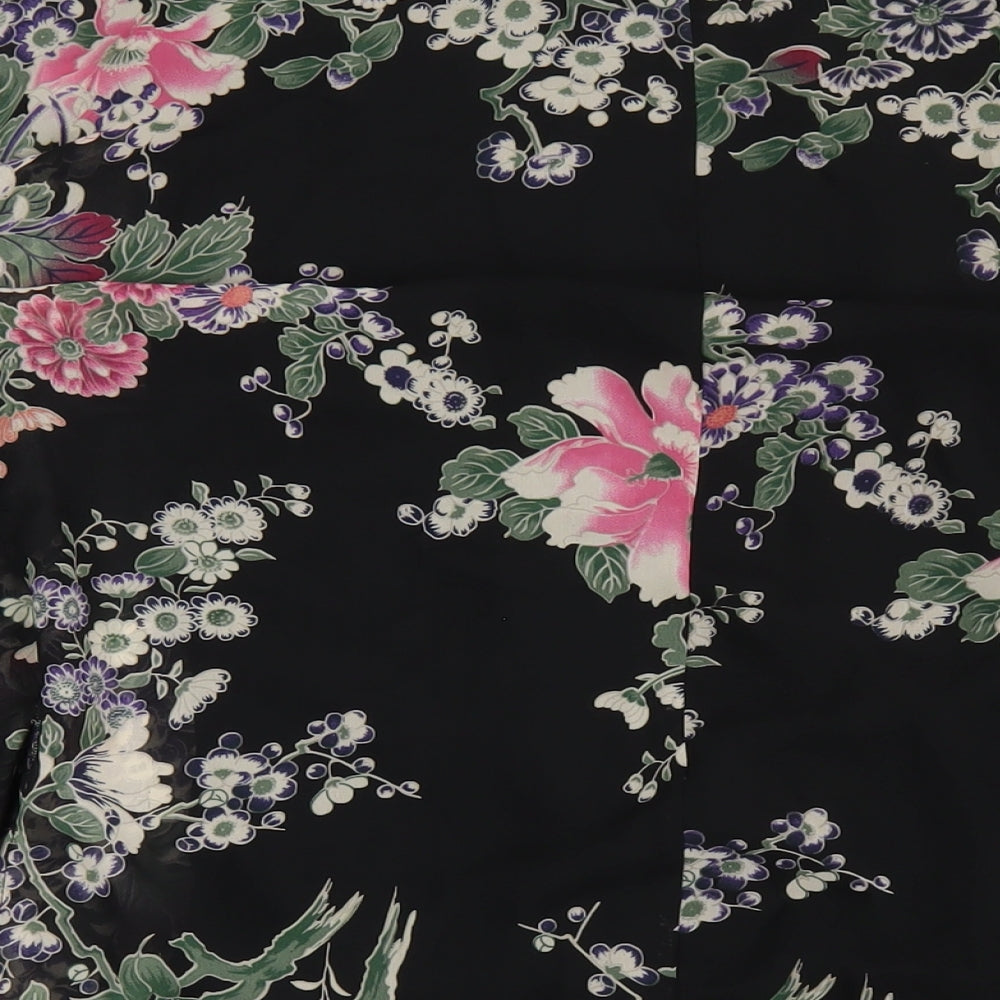 Jane Norman Womens Black Floral Polyester Basic Blouse Size 8 Round Neck - Tassle