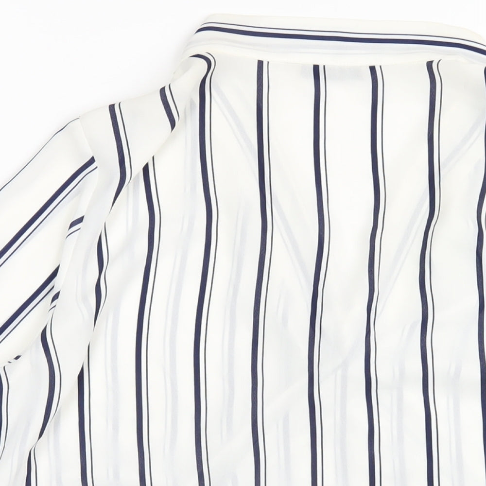 Marks and Spencer Womens White Striped Polyester Basic Blouse Size 14 V-Neck