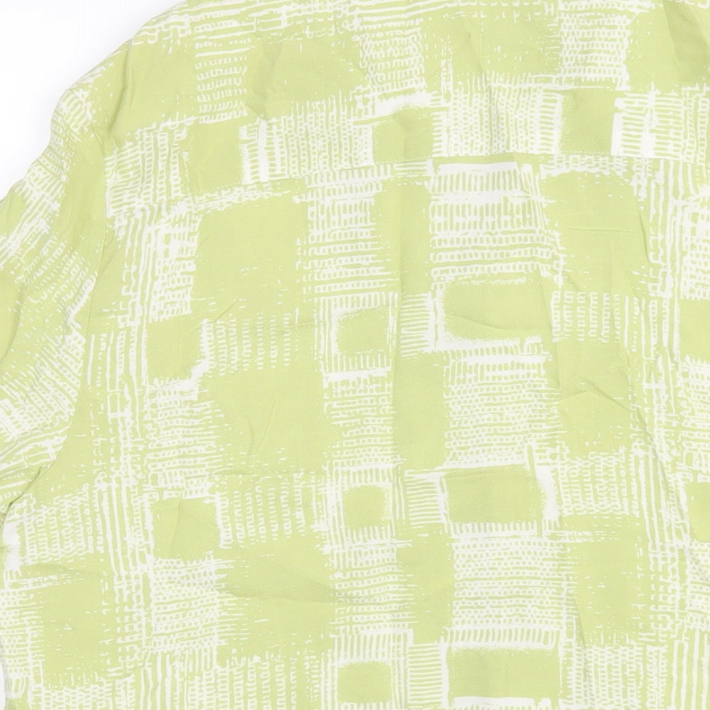 Brand and care label for ASOS men’s green geometric viscose button-up, size S, collared button
