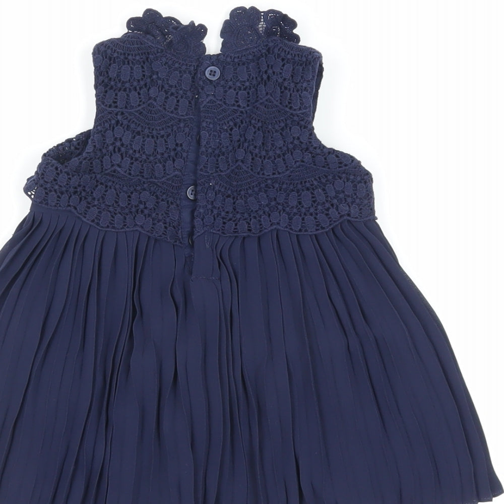 Brand and care label for mamas & papas girls’ blue polyester a-line, size 6-9, months round neck button - crochet detail