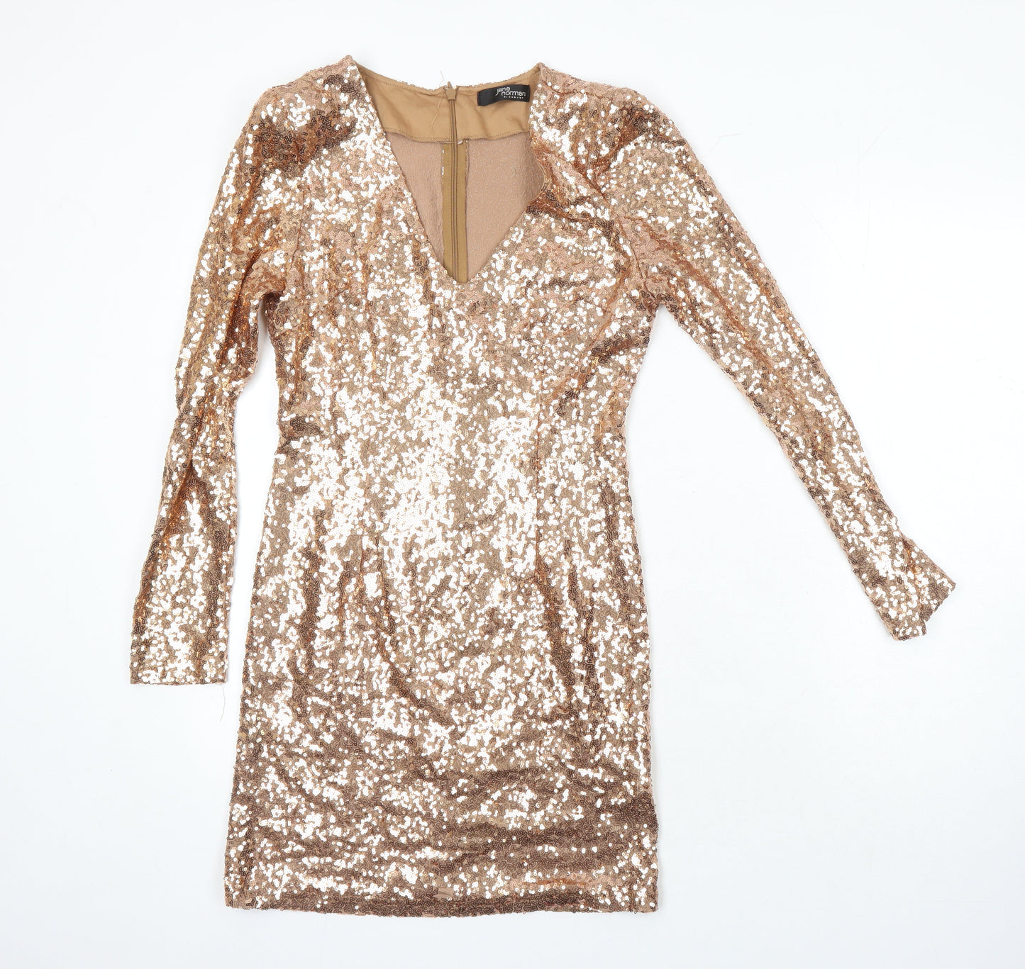 Jane Norman Womens Gold Polyester Shift Size 10 V-Neck Zip - Sequin Detail