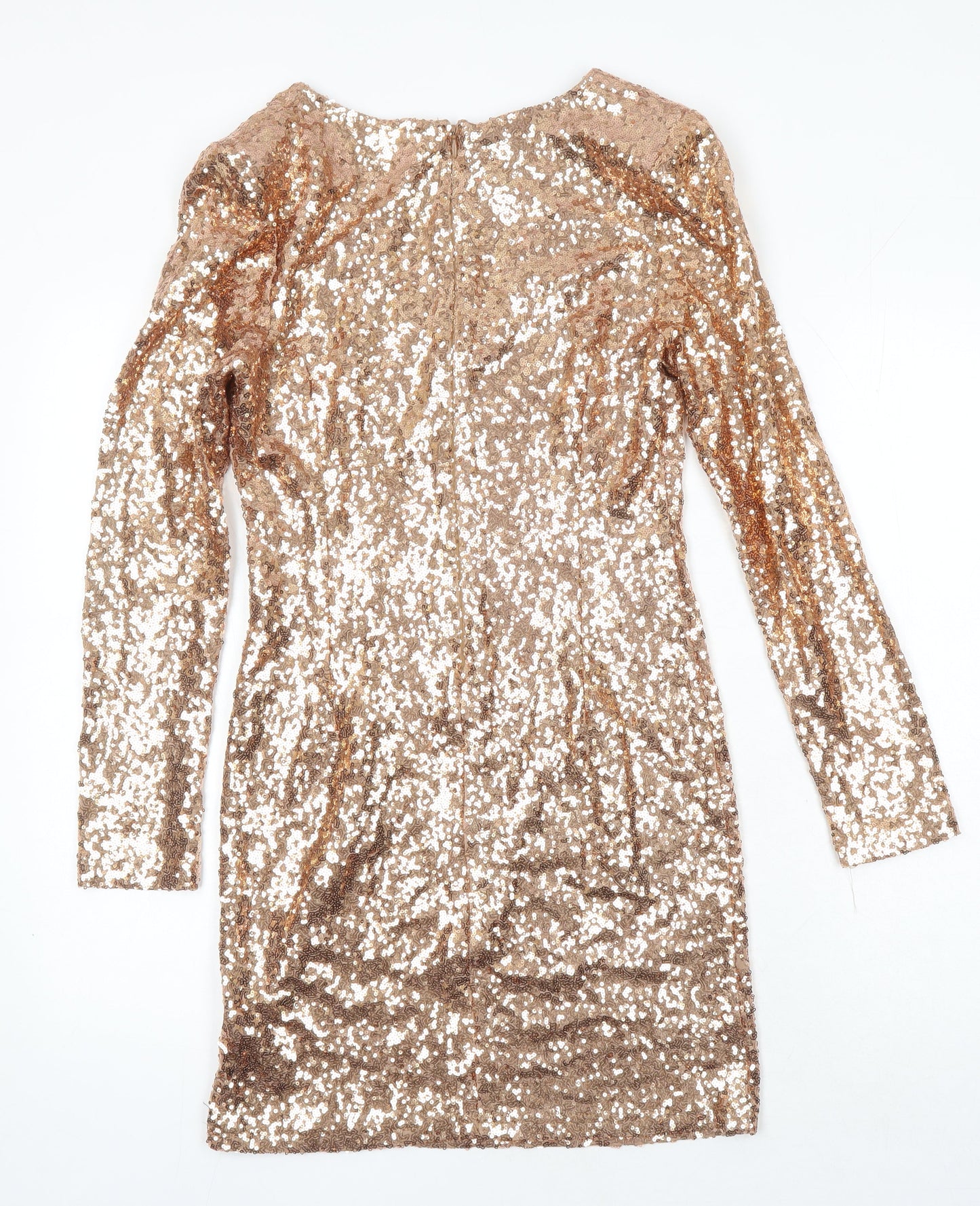Jane Norman Womens Gold Polyester Shift Size 10 V-Neck Zip - Sequin Detail