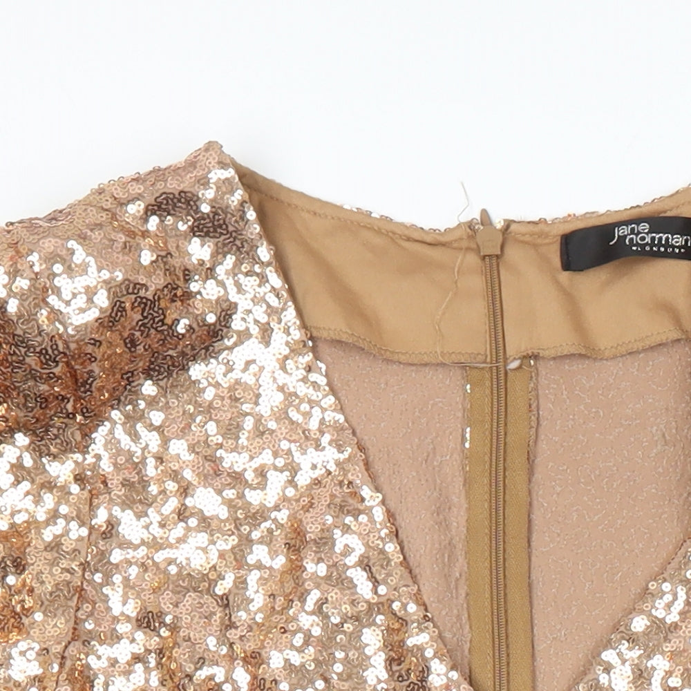 Jane Norman Womens Gold Polyester Shift Size 10 V-Neck Zip - Sequin Detail