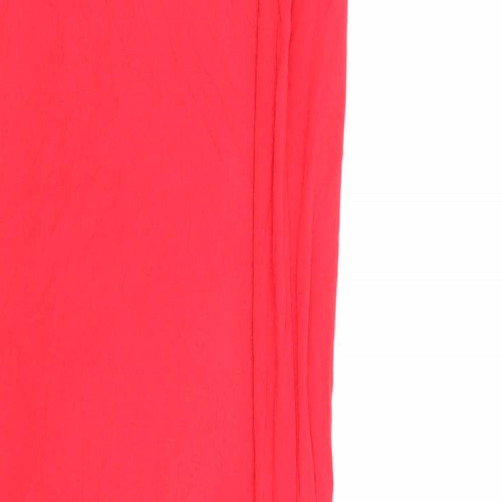 Brand and care label for Misguided women’s red viscose maxi, size S, off the shoulder