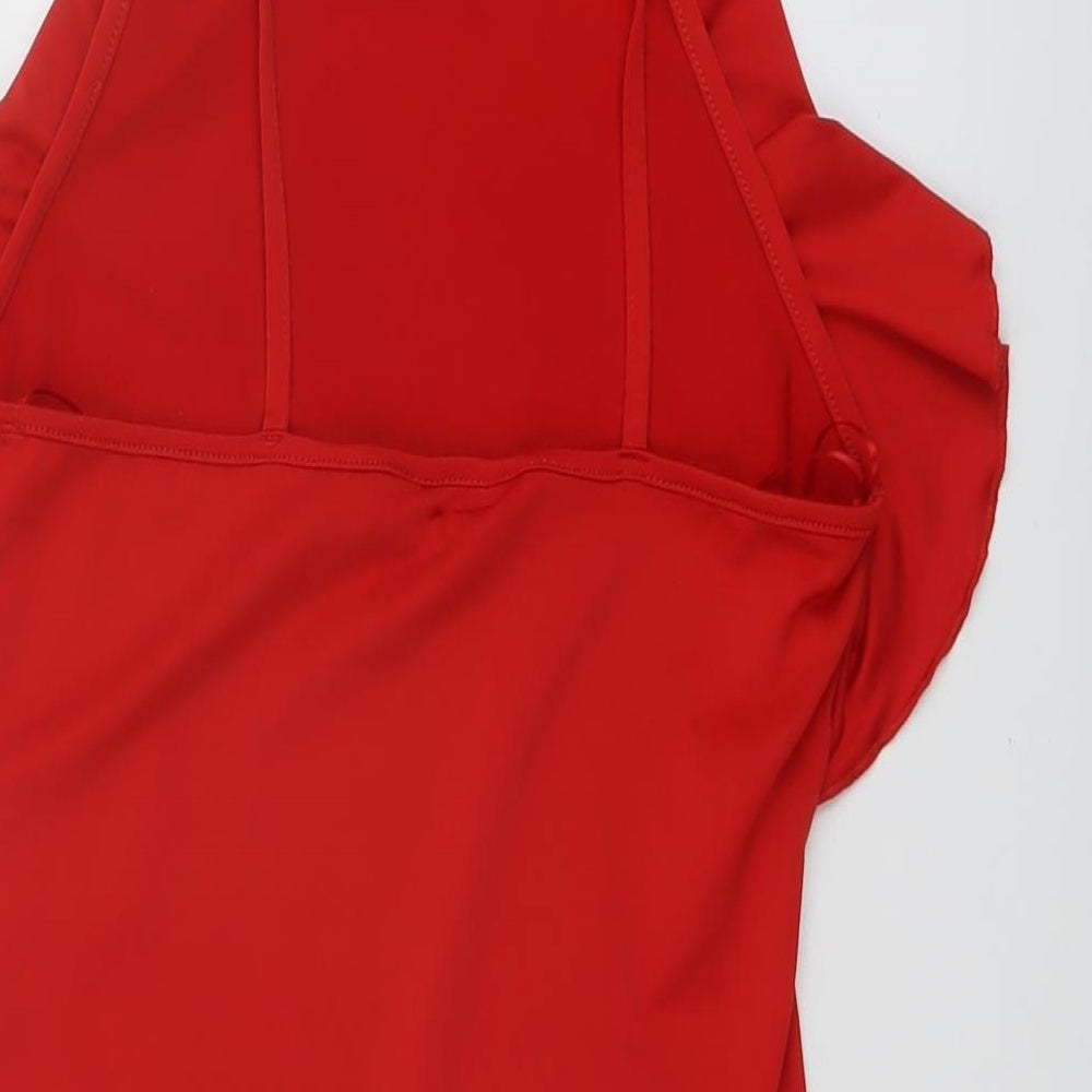 Brand and care label for Miss Selfridge women’s red polyester bodysuit one-piece, size UK 10, snap