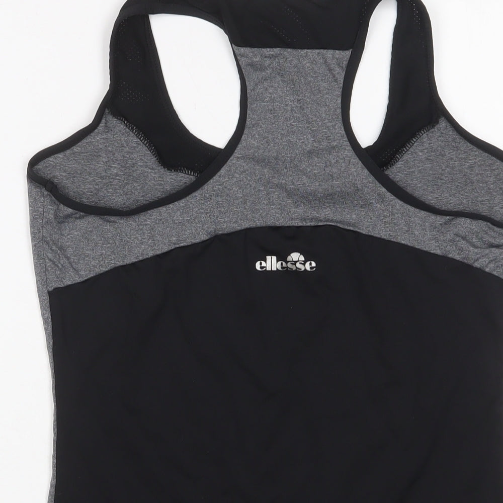 Brand and care label for Ellesse women’s grey polyester basic t-shirt, size UK 14, scoop neck pullover - logo