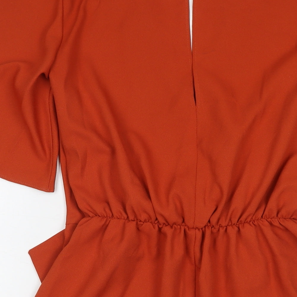 Brand and care label for Miss Selfridge women’s orange polyester a-line, size UK 4, v-neck button