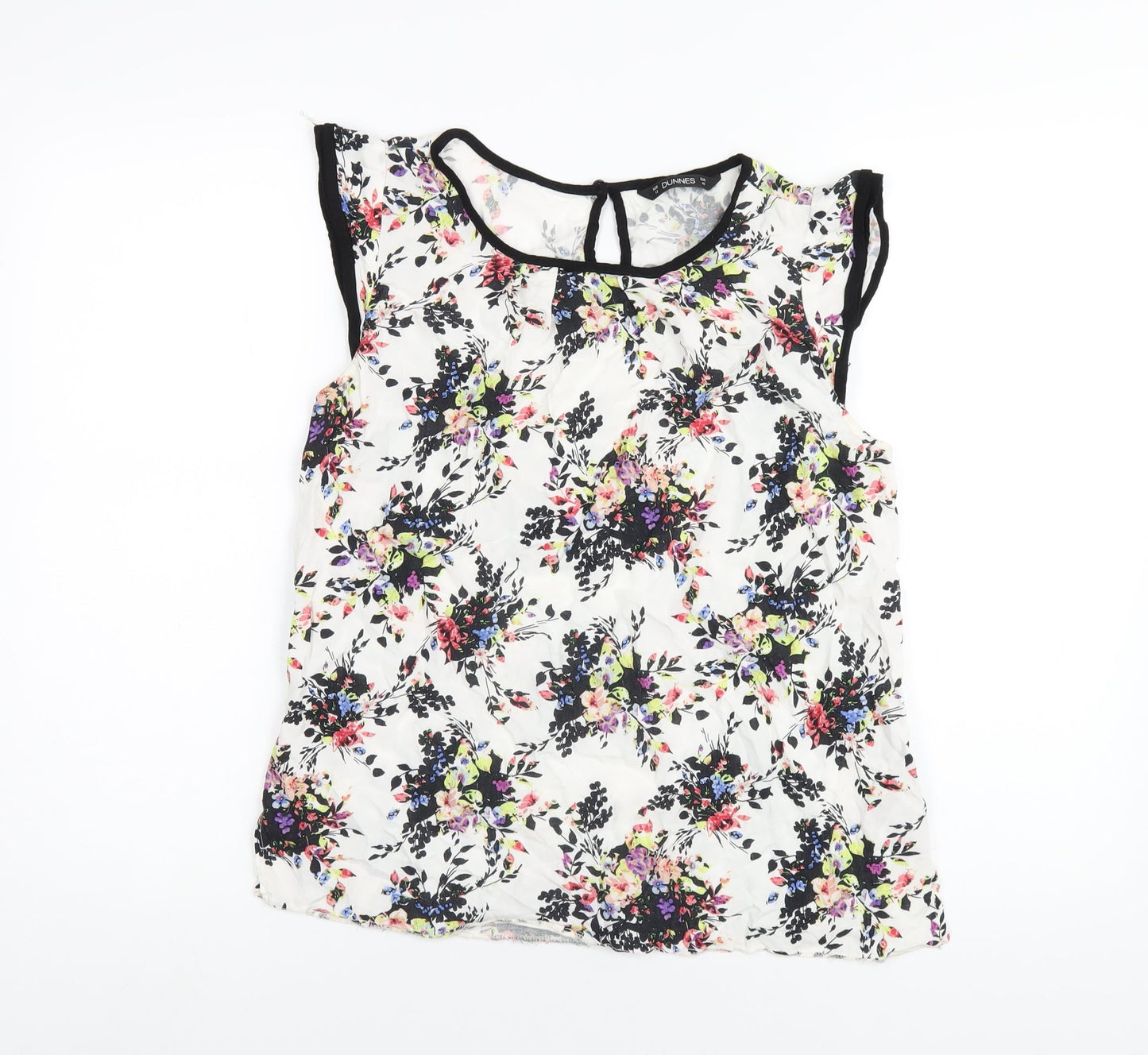 Dunnes Stores Womens White Floral Viscose Basic T-Shirt Size 12 Round Neck