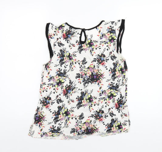 Dunnes Stores Womens White Floral Viscose Basic T-Shirt Size 12 Round Neck