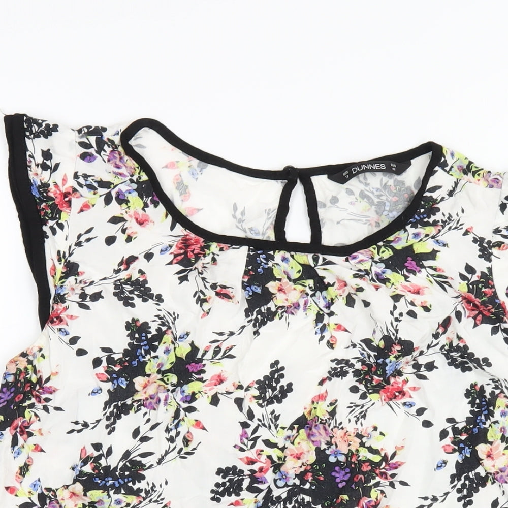 Dunnes Stores Womens White Floral Viscose Basic T-Shirt Size 12 Round Neck