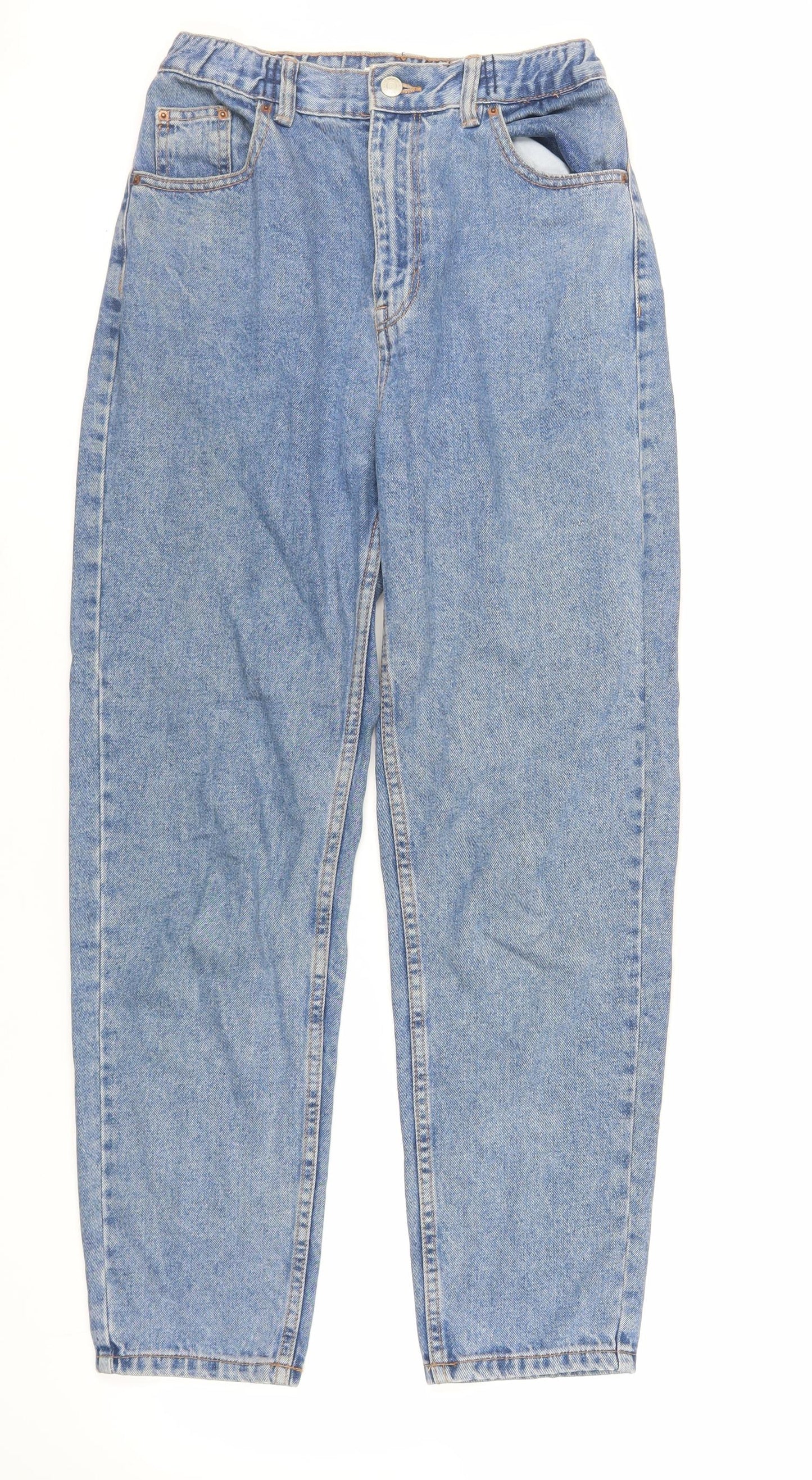 Pull&Bear Womens Blue Cotton Mom Jeans Size 8 L29 in Regular Zip - Elasticated Waist
