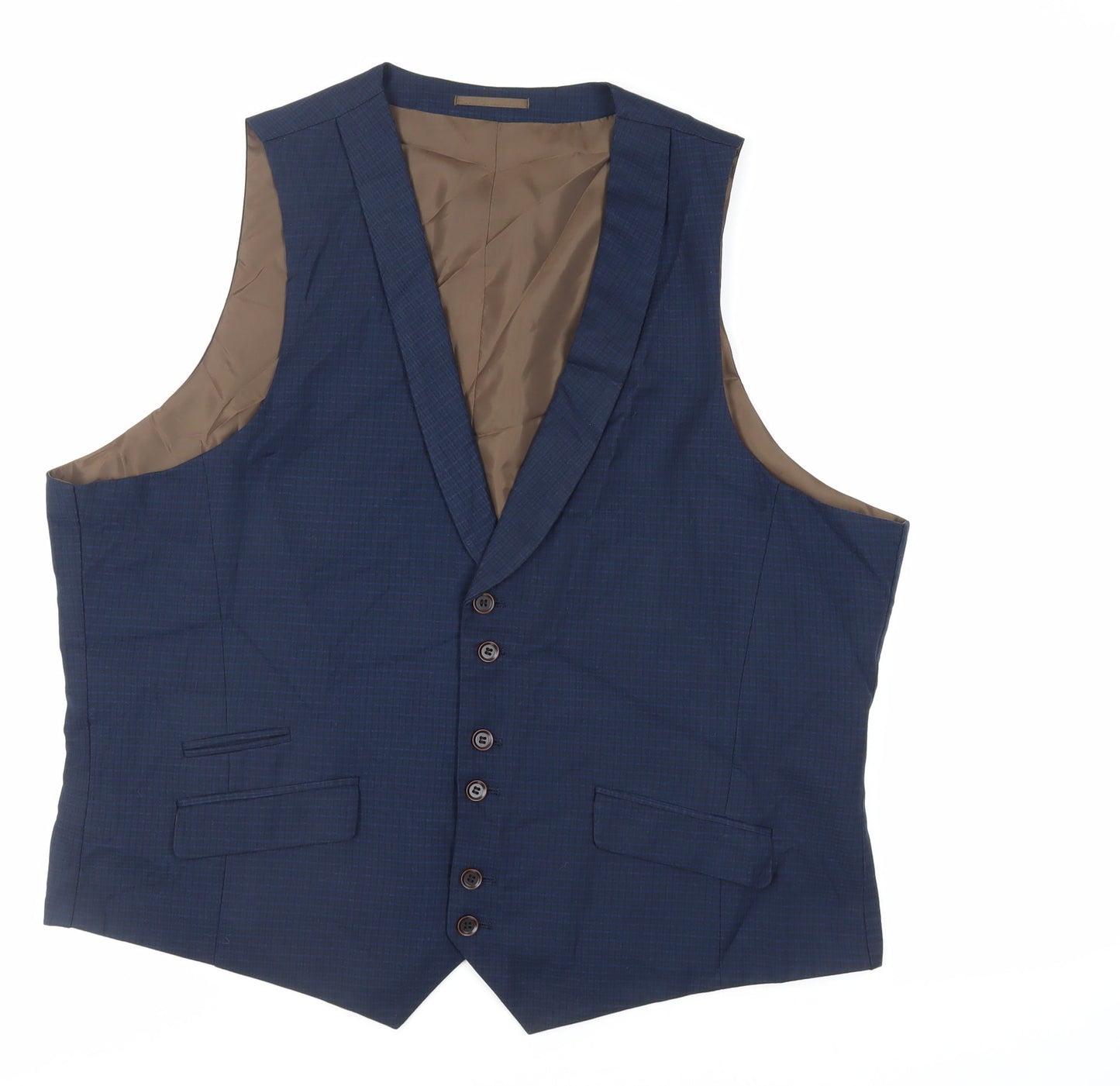 Fellini Mens Blue Plaid Polyester Jacket Suit Waistcoat Size 48 Regular