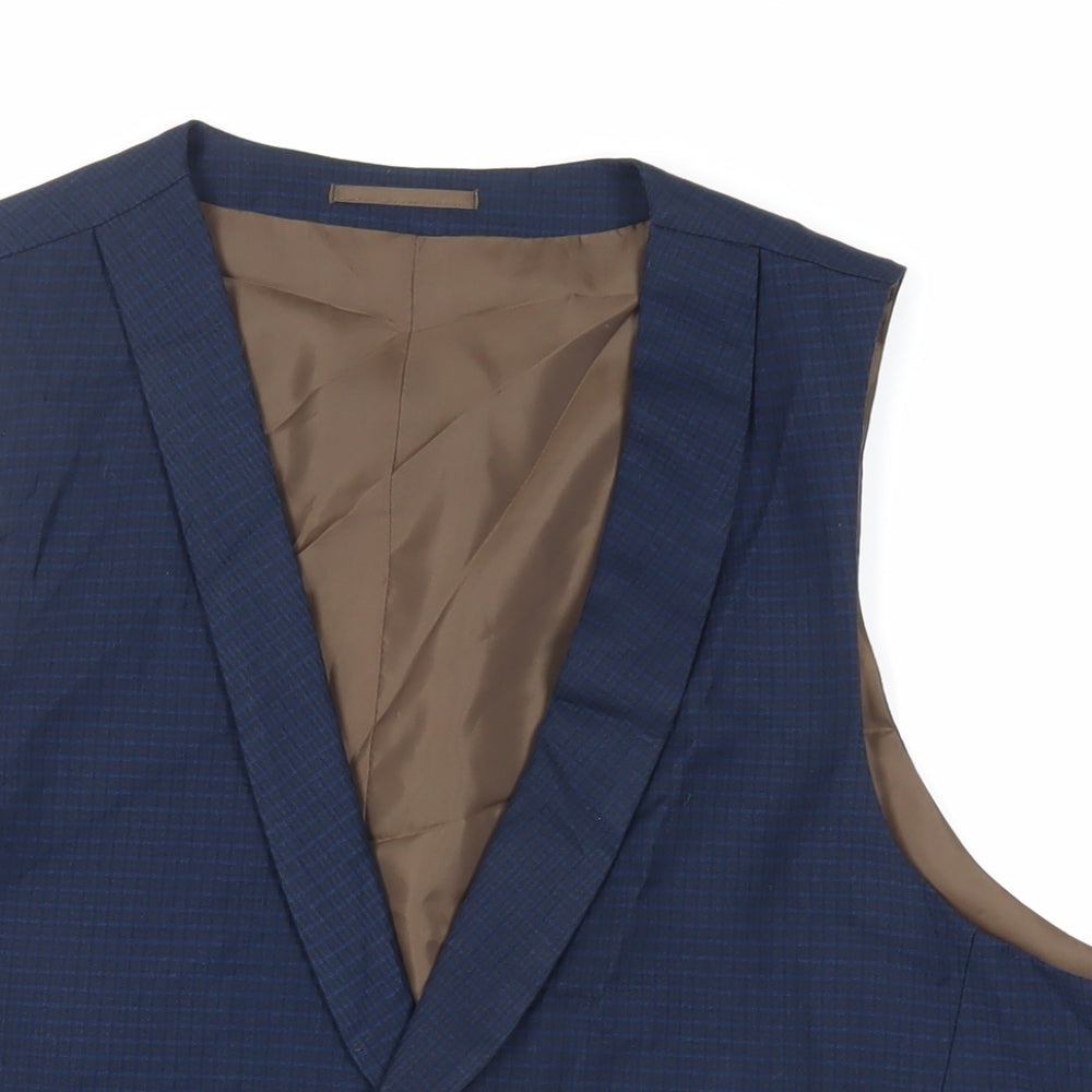 Fellini Mens Blue Plaid Polyester Jacket Suit Waistcoat Size 48 Regular
