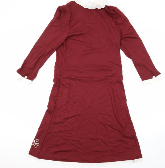 Disney Womens Red Houndstooth Viscose A-Line Size M Collared Button - Lace Details