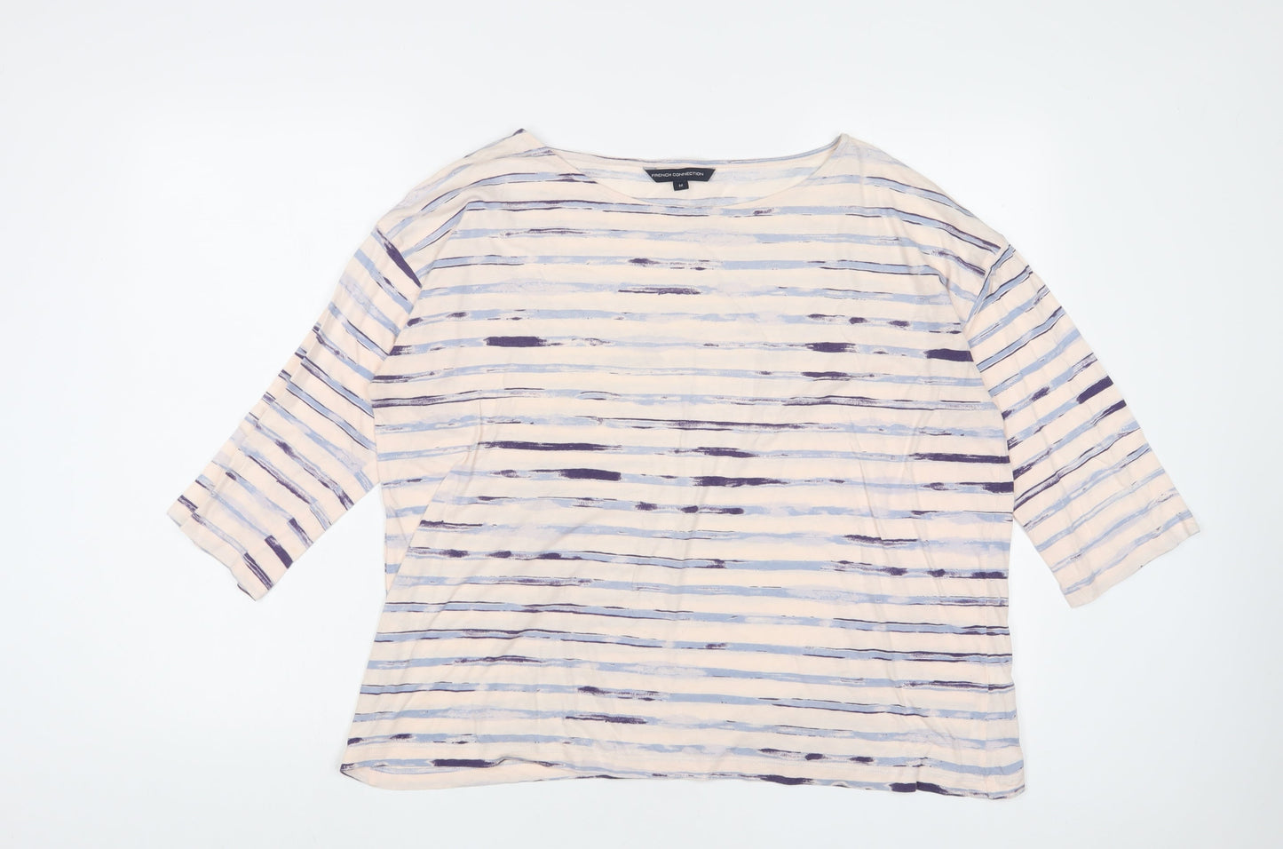French Connection Womens Beige Striped Cotton Basic T-Shirt Size M Boat Neck