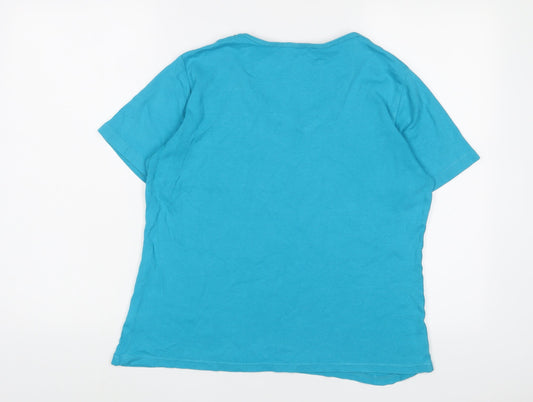 EWM Womens Blue Cotton Basic T-Shirt Size 14 V-Neck - Embroidered