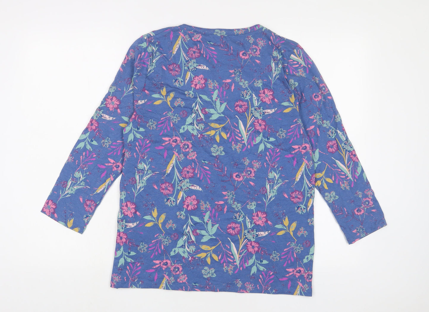EWM Womens Blue Floral Cotton Basic T-Shirt Size M V-Neck - Pleated