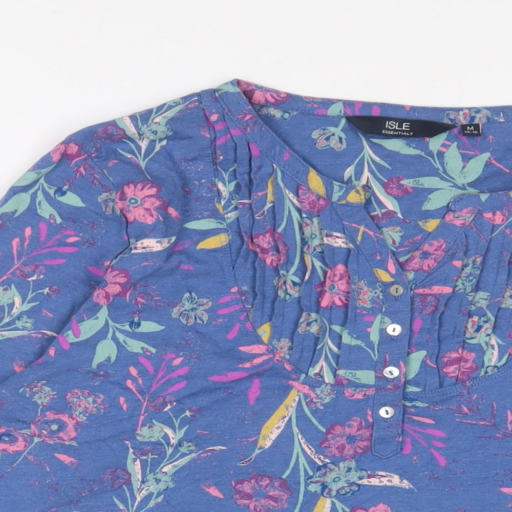 EWM Womens Blue Floral Cotton Basic T-Shirt Size M V-Neck - Pleated