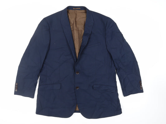 Fellini Mens Blue Plaid Polyester Jacket Suit Jacket Size 46 Regular