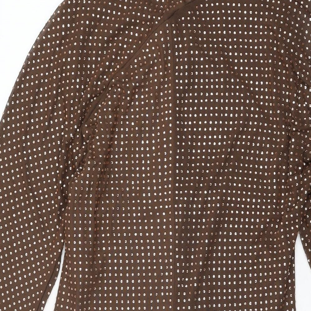 Brand and care label for ASOS women’s brown polyester mini, size UK 12, v-neck pullover