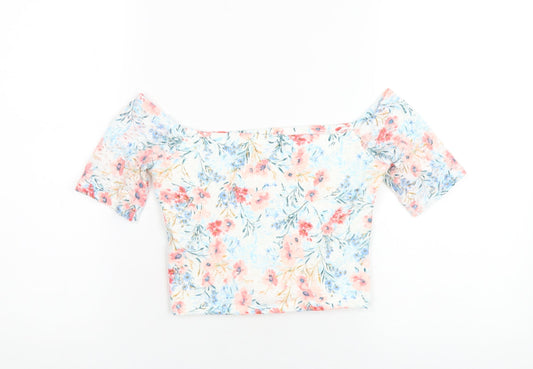 Hollister Womens Multicoloured Floral Nylon Basic T-Shirt Size M Off the Shoulder